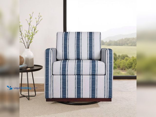 Lot 49-2024346 - Uixe Modern Stripe Dark Blue Linen Upholstered Swivel Accent Arm Chair With Metal Base(Set of 1). Mo...