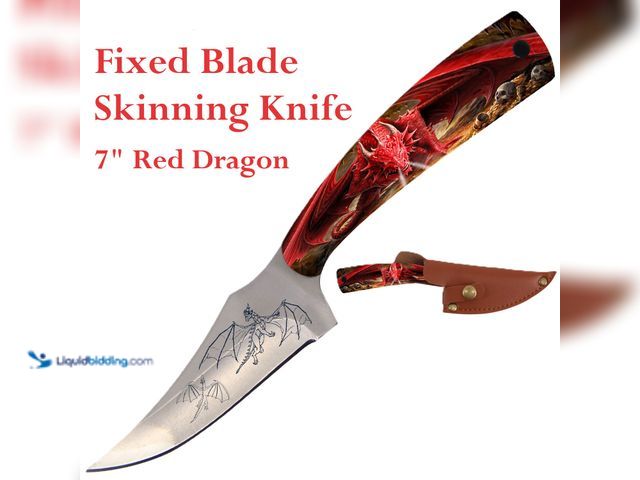 Lot 49-3435064 - Full Tang Fixed Blade Skinning Knife 7" Red Dragon - NEW - The skinner style blade curves upward and...