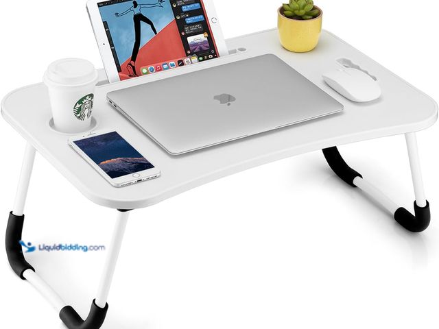 Lot 49-5413730 - Foldable Laptop Table, Portable Lap Desk Bed Table Tray, Laptop Stand with Cup Holder & Tablet Slot ...