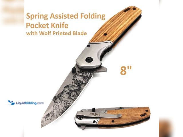 Lot 49-5492905 - ElitEdge Spring Assisted Folding Pocket Knife 8" with Wood Handle and Wolf Printed Blade - NEW - Thi...