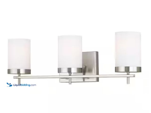 Lot 49-3433565 - Visual Comfort Zire 24 in. W 3-Light Brushed Nickel Bathroom Vanity Light with Etched White Glass Sh...