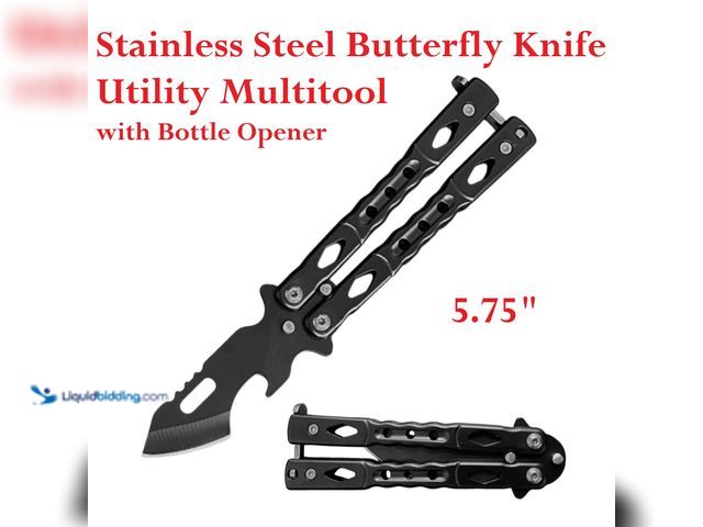 Lot 49-1300956 - Stainless Steel Butterfly Knife/Utility Multitool with Bottle Opener 5.75" Black - NEW - Elevate you...