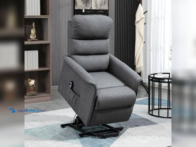 Lot 49-5507880 - Gray Linen Standard Recliner with Remote Control and Side Pockets. Model # 713-042GY. Unused
