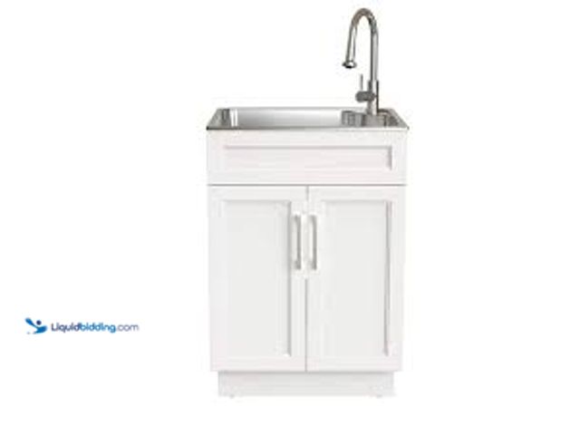 Lot 49-5476777 - Glacier Bay 24 in. Drop-In Stainless Steel Laundry Sink with Assembled Cabinet in White with Faucet....