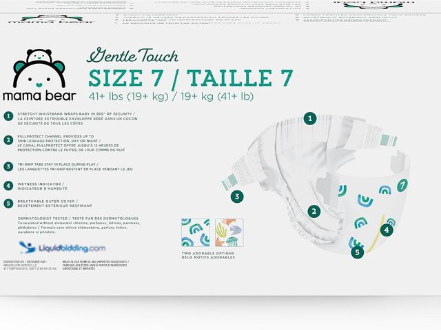 Lot 49-5543335 - Amazon Brand - Mama Bear Gentle Touch Baby Diapers, Size 7, 80 Count (4 packs of 20), Skin Safe, 12 ...