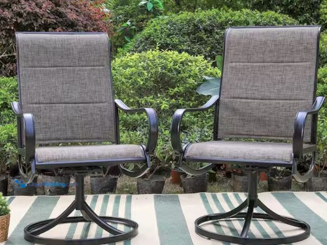 Lot 49-2026204 - PHI VILLA Black Swivel Padded Textilene Metal Outdoor Dining Chair with Curve Arms (2-Pack), Model #...