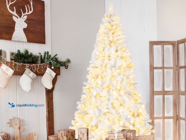 Lot 49-1546873 - Ktaxon 8ft Pre-Lit White Christmas Tree with Remote Control, Full Prelighted Xmas Tree with 670 LED ...