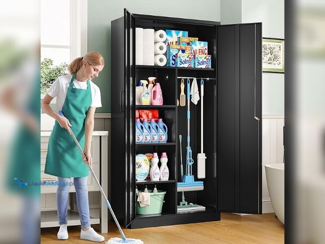 Lot 49-1557142 - SISESOL Wide & Deep Metal Storage Cabinet with Hanging Rod, Black Broom Closet Storage Cabinet with ...