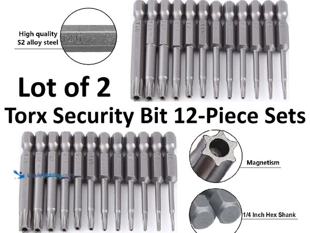 Lot 49-5434341 - Lot of 2 Torx Security Bit 12-Piece Sets - NEW - Featuring 1/4 inch hex shank with Torx head.   Size...