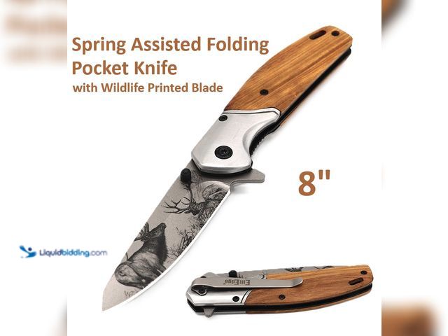 Lot 49-1616320 - Spring Assisted Folding Pocket Knife 8" with Wood Handle and Wildlife Printed Blade - NEW - This Spr...