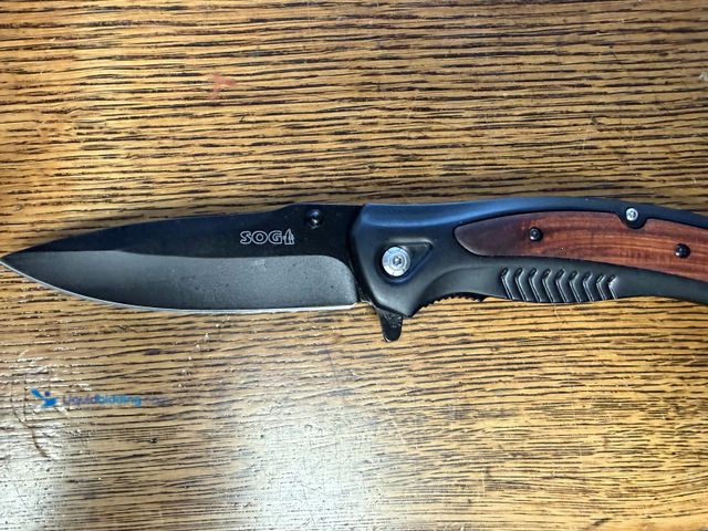 Lot 49-1820360 - New sog  9-Inch Folding Knife, EDC Pocket Knife with Clip, Sharp Stainless Steel Blade, Brown Wooden...