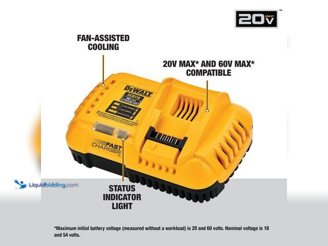 Lot 49-5556010 - DEWALT
20V MAX / 60V MAX FLEXVOLT Lithium-Ion Fan Cooled Fast Battery Charger. Model # DCB118. Unus...