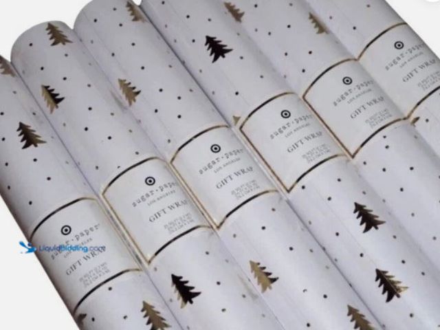 Lot 49-5446765 - 8 PACK Sugar Paper Gold &White Christmas Tree Gift Wrapping Paper 25 sq. ft each. Item is unused.
