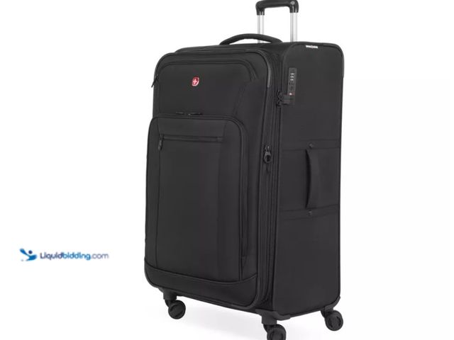 Lot 49-5538738 - black Swissgear Zurich softside suitcase featuring eight 360-degree spinner wheels and a built-in TS...