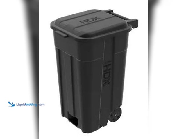 Lot 49-5436918 - HDX 45 gal. Black Heavy Duty Outdoor Trash Can with Wheels and Attached Lid. Model # 999-2445W. Used...