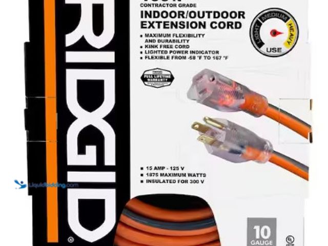 Lot 49-3618605 - RIDGID 100 ft. 10/3 Heavy Duty Indoor/Outdoor SJTW Extension Cord with Lighted End, Orange/Grey, Mod...