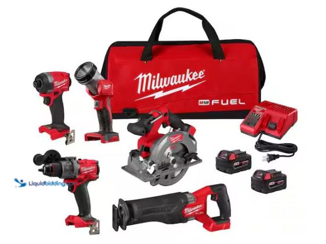 Lot 49-1568306 - Milwaukee M18 FUEL 18V Lithium-Ion Brushless Cordless Combo Kit (5-Tool) with Two 5.0 Ah Batteries, ...