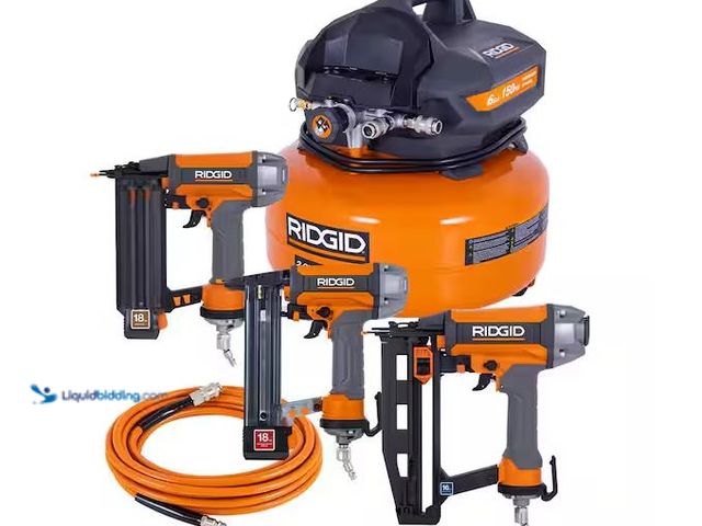 Lot 49-3472075 - RIDGID 6 Gal. 150 PSI Electric Air Compressor with 25 ft. Hose, 18GA Brad Nailer, 16GA Finish Nailer...