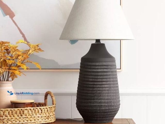 Lot 49-5538523 - 19"x8.5" Large Textured Ceramic Lamp Base Black - Threshold™. UPC: 702992885602. New. BASE ONLY NO S...