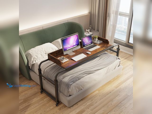 Lot 49-5553662 - TigerDad Overbed Table with Wheels, Modern Style, Brown, 55.1-82.7x25.6x18.1 inches, 350lbs Weight C...