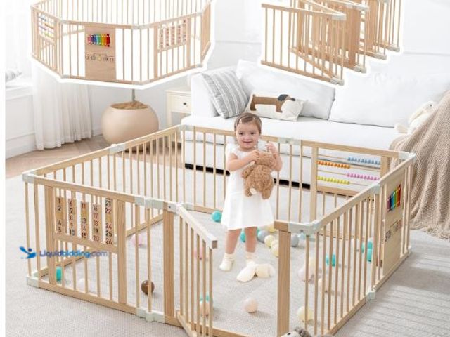 Lot 49-3432133 - Wooden Playpen & Play Yards for Babies and Toddlers, 57 * 57inch Foldable Wood Baby Play Fence, Kids...