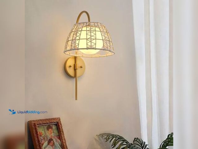Lot 49-5541480 - aiwen 10.63 in. 1-Light Boho Brushed Gold Wall Sconce Rattan Wall Mount Light Fixture with Globe Gla...