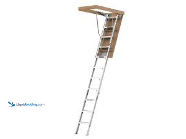 Lot 49-3531206 - Aluminum Attic Ladder 350 lbs. Capacity 22 ½ in. x 54 in. Opening 7-10 ft. Ceiling. Model # QWE-243....