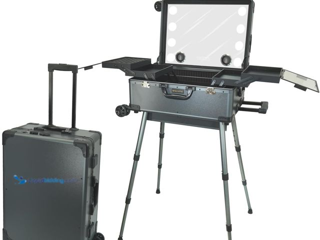 Lot 49-5416564 - Rolling Makeup Train Case with Mirror and Lights Cosmetic Travel Box Mobile Barber Stations with Blu...