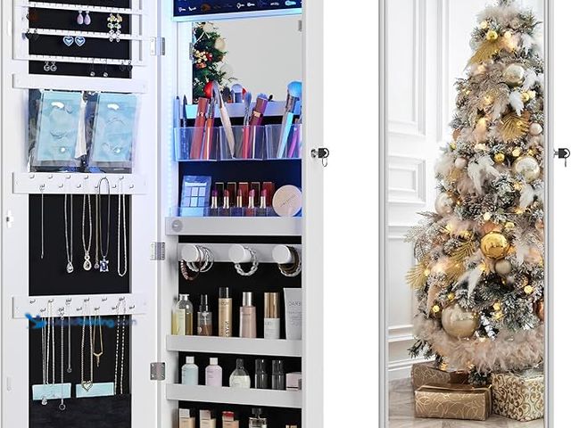 Lot 49-3472656 - FREDEES Farmhouse Jewelry Organizer, Jewelry Armoire Cabinet with LED Lights Wall or Door Mounted, F...