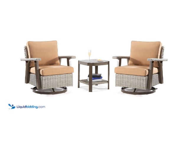 Lot 49-1525114 - (3) Piece JOYSIDE Rattan Patio Conversation Set with Tan Cushions, Model #M49C-TAN, & Model # M48C-T...