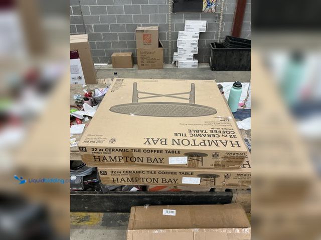 Lot 49-5509822 - Hampton Bay 32" Round Metal Outdoor Coffee Table with Ceramic Tile Top. Model # 735.2380.00, Unused,...