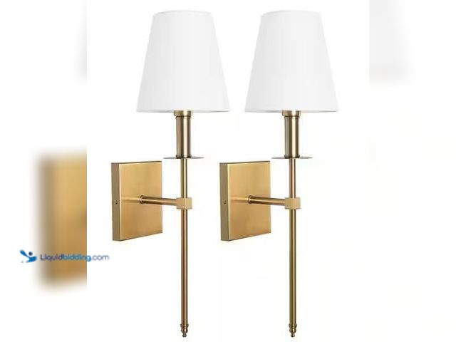 Lot 49-1568932 - LamQee 1-Light Modern Gold Wall Sconce with White Fabric Shade(2-Pack) Model # 06FTL0233BGD, Unused ...