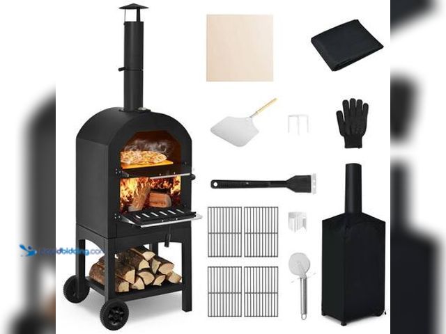 Lot 49-5548771 - Costway Oven Wood Fire Pizza Maker Grill Outdoor Pizza Oven with Pizza Stone and Waterproof Cover Mo...