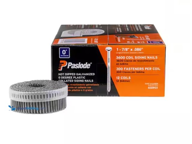 Lot 49-1575860 - Paslode 1-7/8 in. x 0.086 in. 14-Gauge Steel Hot Dipped Galvanized Ring Shank Plastic Coil Siding Na...