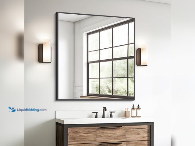 Lot 49-5487786 - BONEWEI Bathroom Mirror,36x40 inch Wall Mirror for Bathroom Wall Mounted Black Rectangle Square Corn...