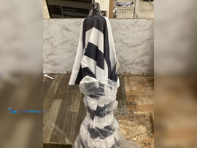 Lot 49-5448625 - White/Blue Stripe Patio Umbrella, some holes, used