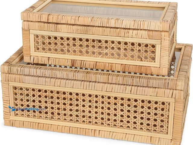Lot 49-5460401 - Large Handwoven Boho Rattan Display Boxes with Glass Lids - Set of 2 Rectangular Decorative Storage ...