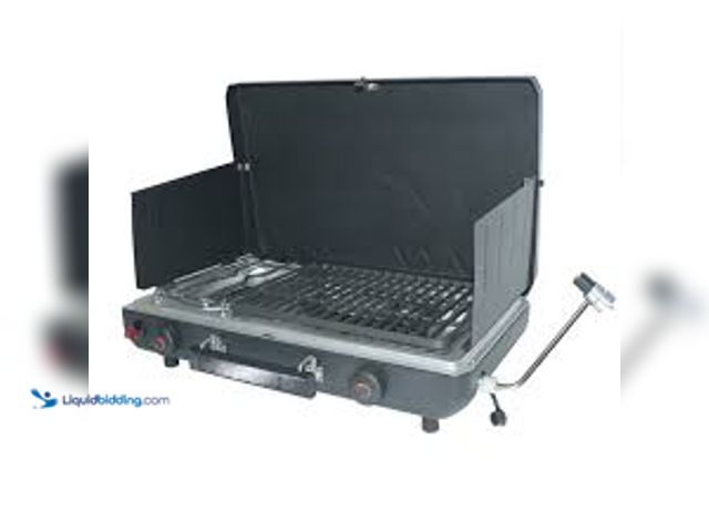 Lot 49-5553538 - Ozark Trail 2 Burner Black Propane 2-in-1 Portable Camp Stove and Grill, Model GCT2220WD UNUSED. UNA...