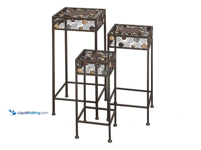 Lot 49-2021699 - Litton Lane Large Black Metal Scroll Jeweled 3 Tier Plantstand (Set of 3). Model # 61531. MSRP $94.8...