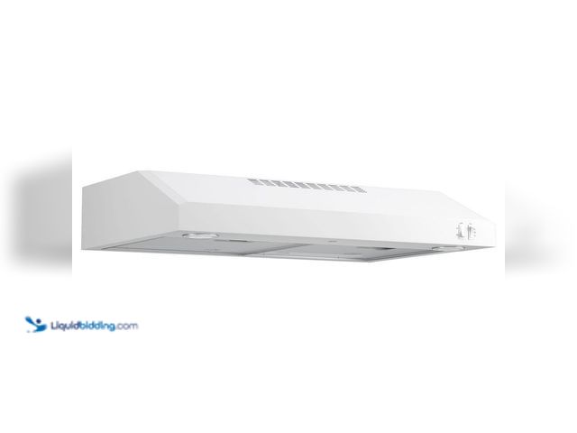 Lot 49-5450056 - GE
30 in. Over the Range Convertible Range Hood in White, ENERGY STAR. Item is Used, Dented