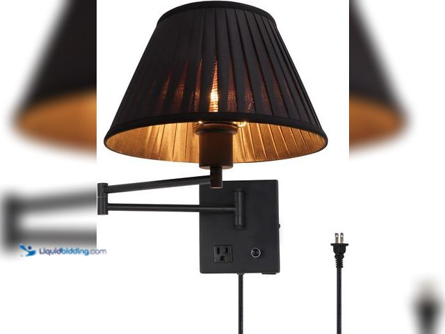Lot 49-3565113 - 17" Swing Arm Wall Lamp USB & AC Outlet, Dimmable, Black | Adjustable Swing Arm Rotary dimmer sets P...
