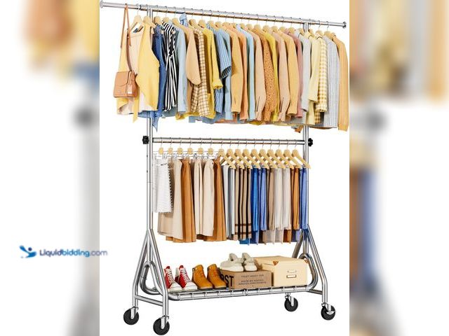 Lot 49-5556969 - Heavy Duty Clothes Rack for Hanging Clothes, Double Rods Clothing Rack with Lockable Wheels, Rolling...