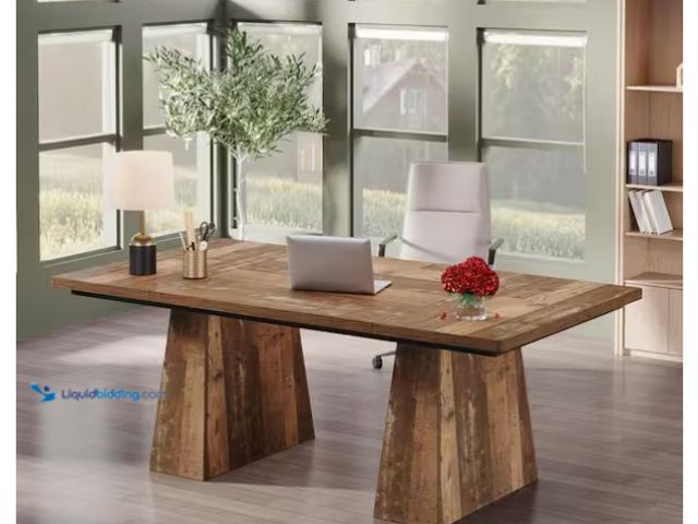 Lot 49-1571087 - 63 in. Rectangle Distressed Brown Engineered Wood Executive Desk, Computer Desk with Double Pedestal...