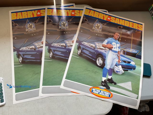 Lot 49-1801462 - 3 DETROIT LIONS BARRY SANDERS  METRO DETROIT FORD DEALERS PROMO POSTER WITH FACSIMILE.