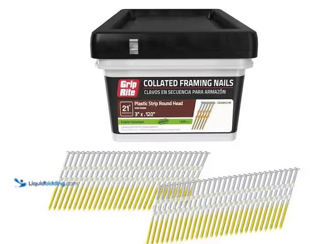 Lot 49-1576416 - Grip-Rite 3 in. x 0.120 in. 21° Plastic Collated Exterior Galvanized Ring Shank Round Head Framing N...