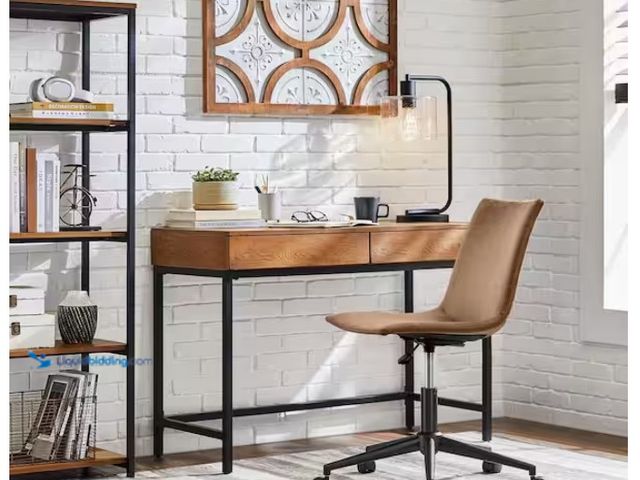 Lot 49-3613498 - StyleWell Donnelly Black Metal and Haze Wood Finish Writing Desk with 2 Drawers (42 in. W x 30 in. H...