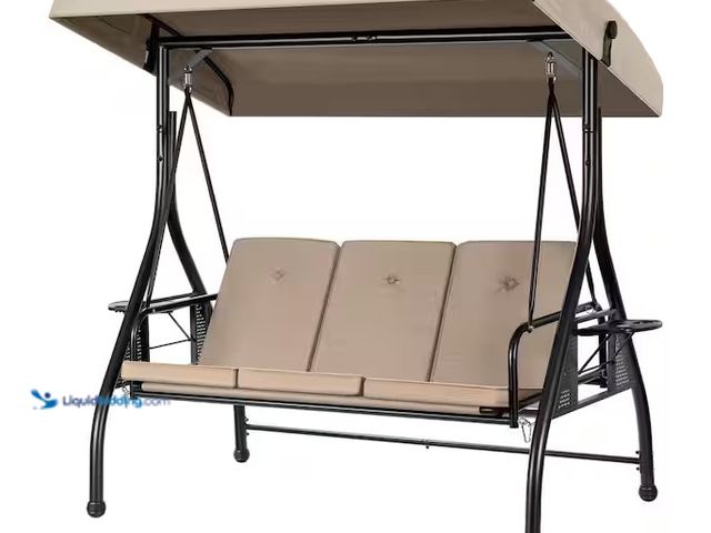 Lot 49-3639422 - VIVOHOME 3-Person Steel Metal Outdoor Patio Swing with Canopy and Cushions in Sand, Model: SP001-GR-...