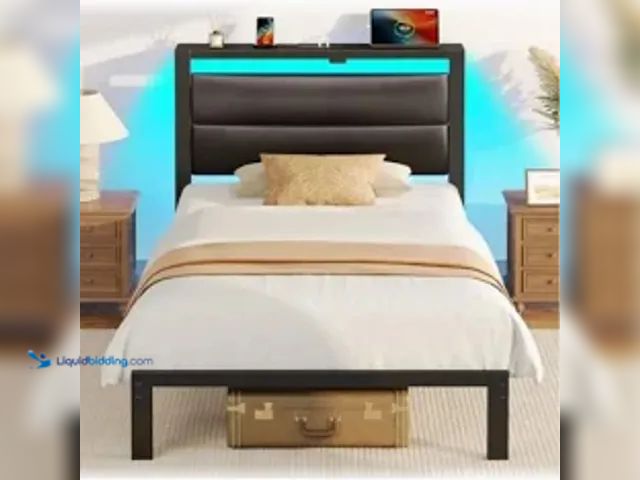 Lot 49-5541361 - Rolanstar Full Size Bed Frame with USB Charging Station, LED Bed Frame with Wood Storage Headboard, ...
