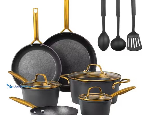 Lot 49-1578409 - (14-Piece) GRANITESTONE Hard Anodized Aluminum Armor Max Gold Heavy Duty 4-Layer Ultra Release Nonst...