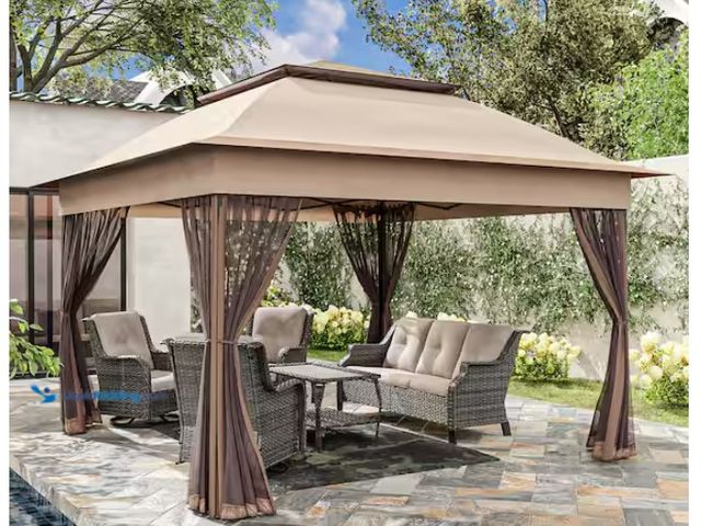 Lot 49-1622626 - JOYSIDE 11 ft. x 11 ft. Beige Steel Pop-Up Gazebo with Mosquito Netting, Model # JS-GWC-J01-V, Unuse...